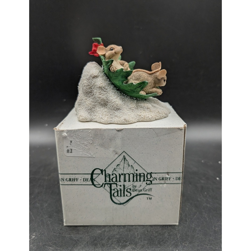 Charming Tails Dean Griff Mice Sledding on Leaf Winter Figurine with Box